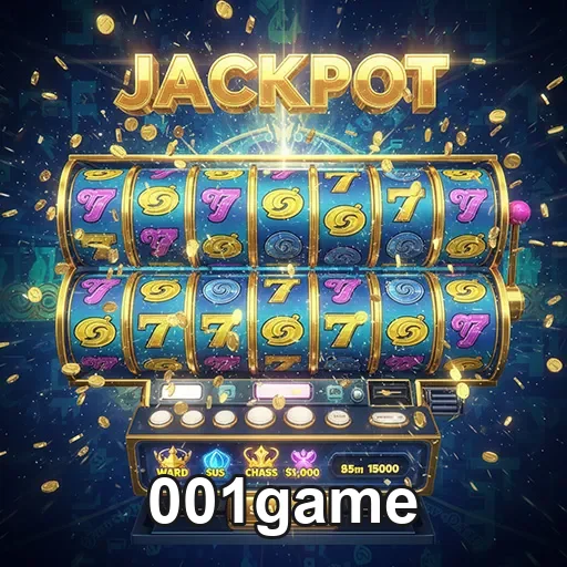 Imagem de uma máquina caça-níqueis no site 001game, destaque para símbolos coloridos e vitória nas slots.